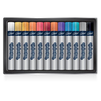 Otvorena kutija sa 12 živopisnih metalik uljanih pastela marke Colorino Artist.
