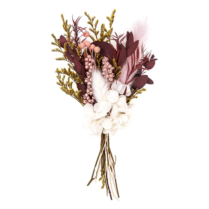 Mini sušeni buket „Burgundy Queen“ visine 20 cm u elegantnom papirnom pakovanju.