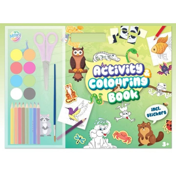 MOXY set sa bojankama, aktivnostima, bojama, olovkama i naljepnicama za kreativnu igru.