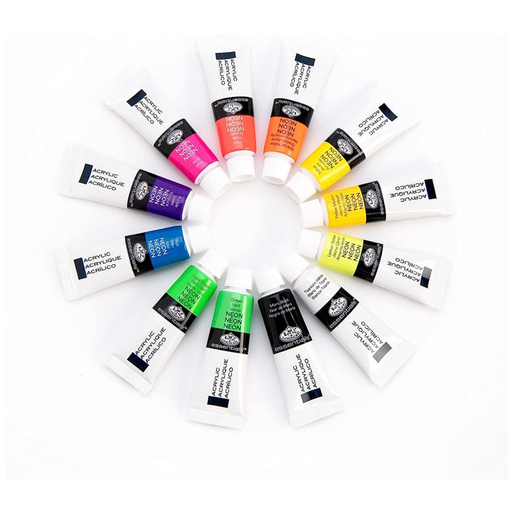 Detaljan prikaz Royal & Langnickel neonskih akrilnih boja u tubama, idealno za kreativne projekte.