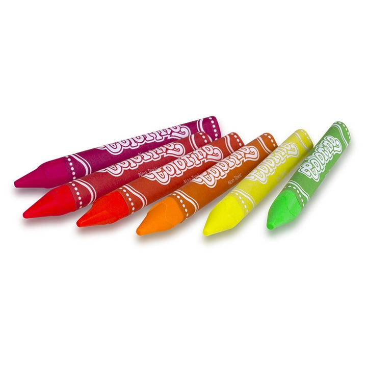 Šest neonskih Colorino voštanih boja poredanih u kutiji za crtanje i bojenje.