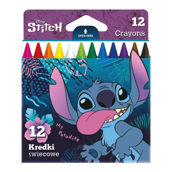 Pakovanje od 12 okruglih voštanih boja sa motivom Disney Stitch za crtanje i kreativno izražavanje.