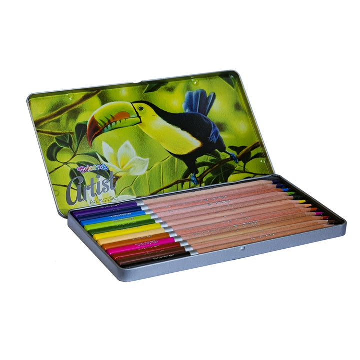 Otvorena metalna kutija sa 12 Colorino Artist olovaka u boji, spremnih za umjetničko stvaranje.
