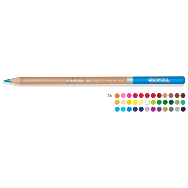 Otvorena metalna kutija sa 36 Colorino Artist olovaka u boji, spremnih za umjetničko stvaranje.
