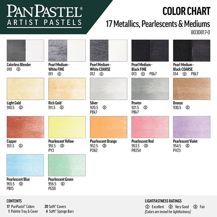Otvorena kutija PanPastel seta sa 17 metalik i bisernih nijansi i medijima za umjetnike.