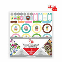 Papir za scrapbooking ROSA TALENT Cake delicious dimenzija 30,48x30,48 cm sa četiri dekorativna elementa.