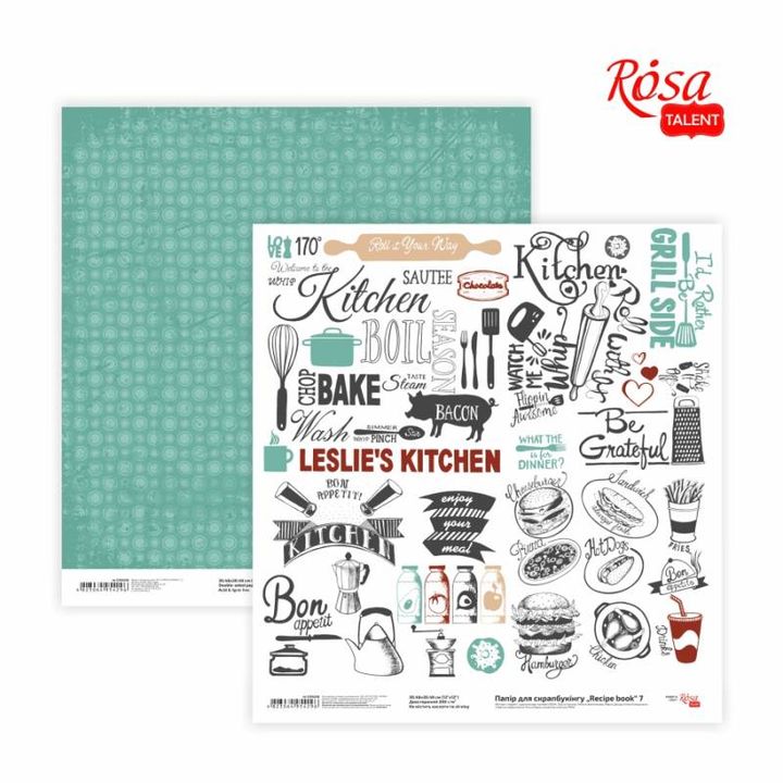 Papir za scrapbooking 30.48x30.48 cm sa motivima kuhinjskih recepata u pastelnim bojama