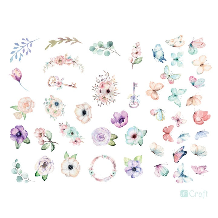 Detaljan prikaz papirnih izrezaka u boho stilu sa cvjetnim i leptir motivima za scrapbooking.