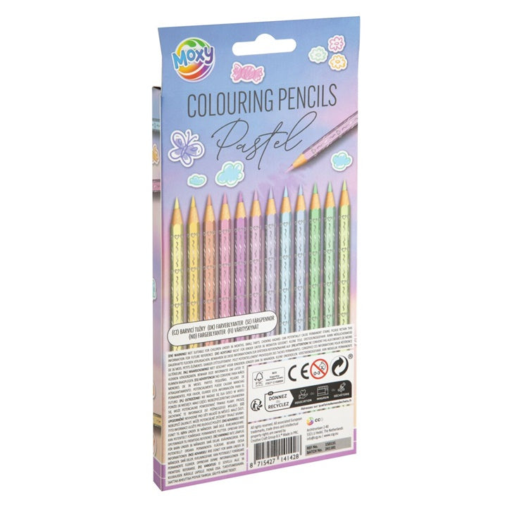 Set od 12 pastelnih olovaka pored papira sa iscrtanim umjetničkim linijama.