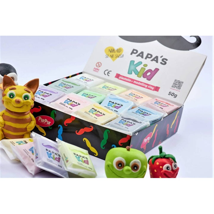 Otvorena kutija Papa's Kid plastelina sa 48 različitih boja za kreativnu igru