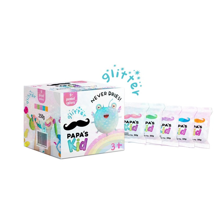 Papa's Kid set od pet pastelnih i gliter plastelina po 50 g za kreativnu igru i modeliranje.