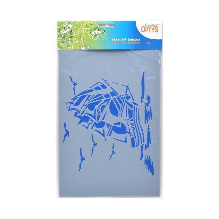 Plastična šablona dimenzija 20x30 cm sa motivom broda za kreativno crtanje i dekoraciju.