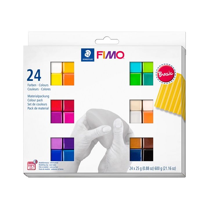 Set FIMO Soft polimerne gline u 24 osnovne boje, pakovanje od 25g po komadu, idealno za modeliranje i kreativne radove.