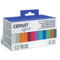 Set od 12 komada Cernit Effects polimerne mase po 25 g u raznim bojama za kreativno oblikovanje.
