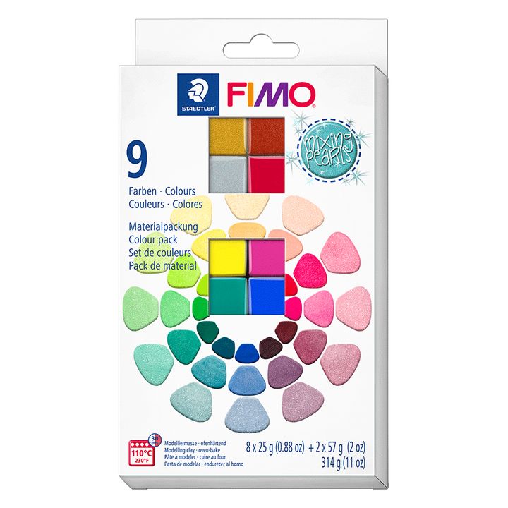 Set FIMO Effect polimerne mase sa efektom bisera, sadrži 8 pakovanja od 25g i 2 pakovanja od 57g za kreativni rad.