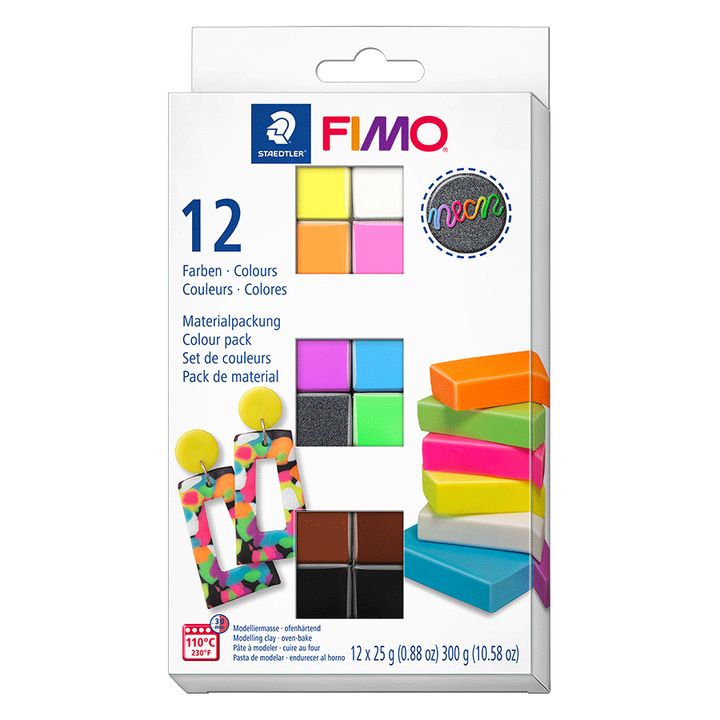 Set FIMO Effect polimerne mase u 12 jarkih neon boja, pakovanje od 25g po komadu za kreativno oblikovanje.
