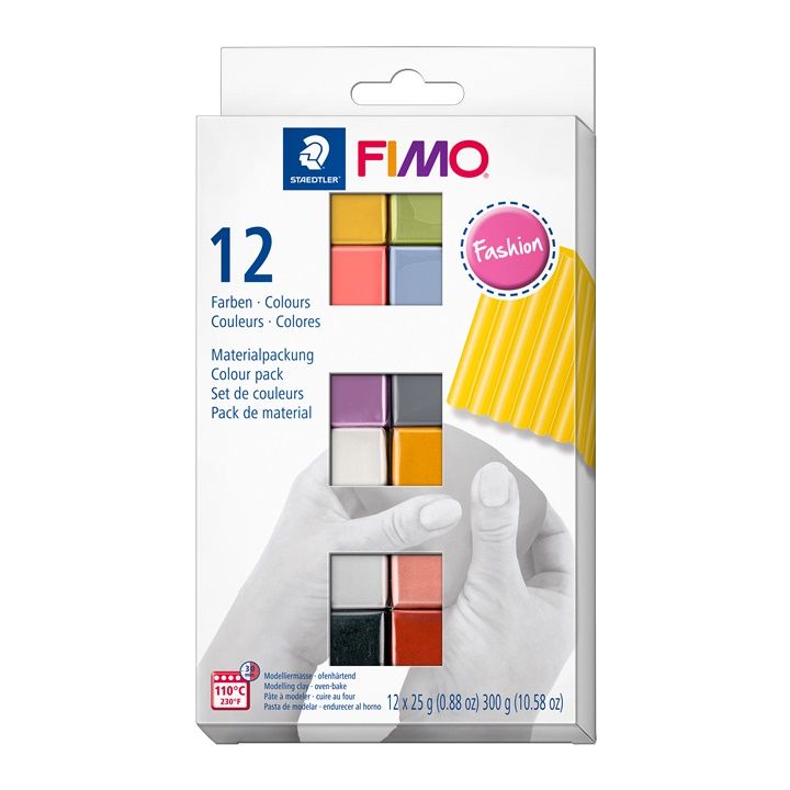 Set FIMO Soft polimerne mase u 12 modernih fashion boja, pakovanje od 25g po komadu za kreativno oblikovanje.