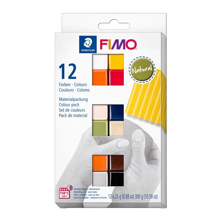 Set FIMO Soft polimerne mase u 12 prirodnih boja, pakovanje od 25g po komadu za kreativno oblikovanje.