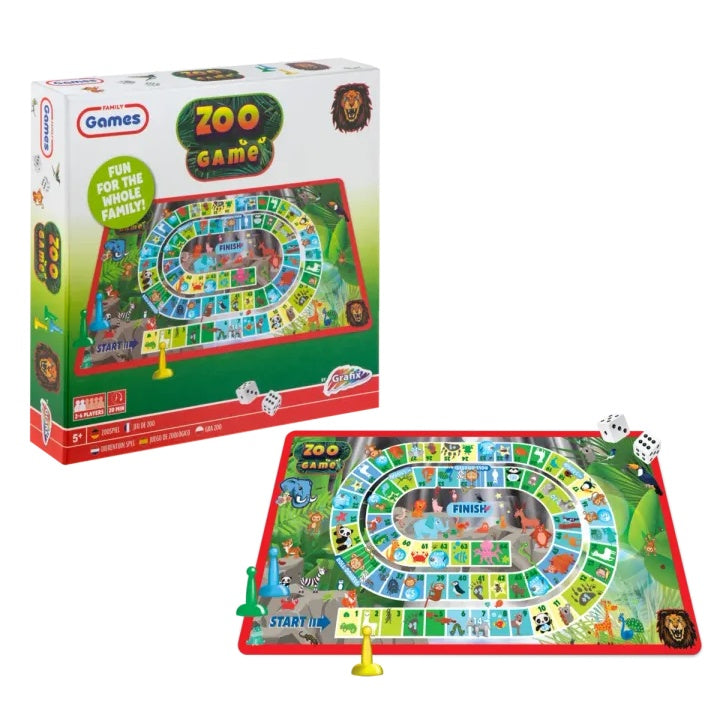 Sadržaj kutije Zoo Game igre sa figuricama i kartama na stolu