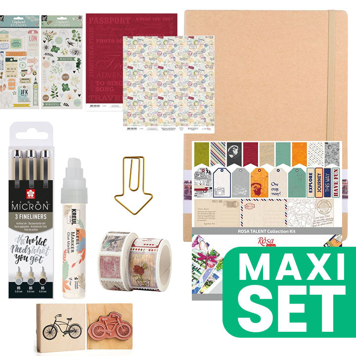 Praktičan set za bullet journal za putnike koji sadrži svesku, flomastere i naljepnice u putnoj torbici.
