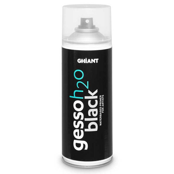 Crni Ghiant Gesso H2O primer u spreju od 400 ml za pripremu slikarskih podloga.