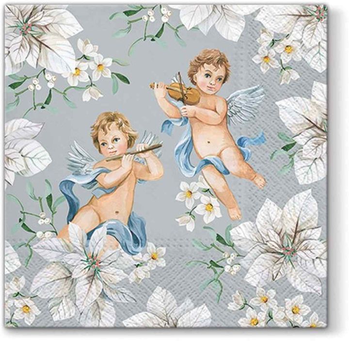 Salveta za dekupaž Angels in Flowers sa motivom anđela okruženih cvijećem, idealna za kreativne radove.