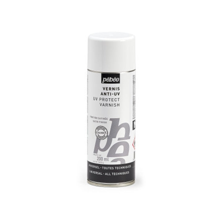 Pebeo satenski anti-UV lak u spreju od 200 ml za zaštitu umjetničkih radova od sunčeve svjetlosti.