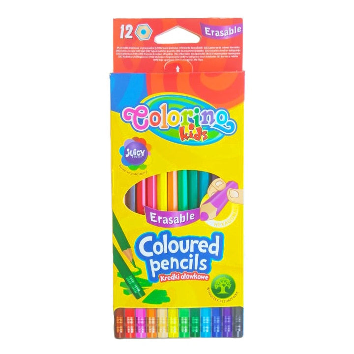 Pakovanje od 12 šestougaonih Colorino bojica sa gumicom na vrhu, idealne za precizno crtanje i bojenje.