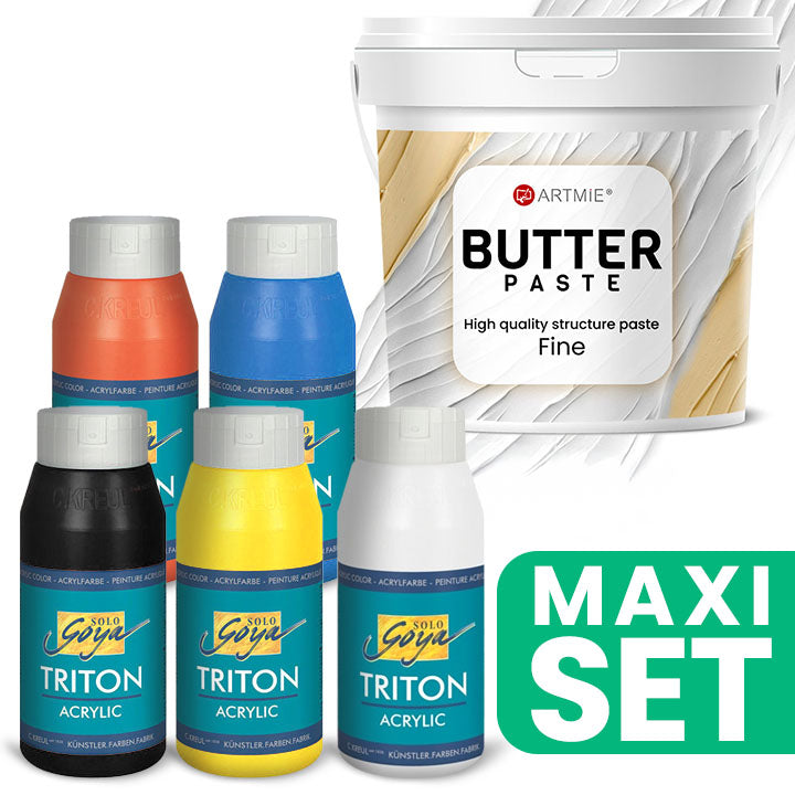 Set od pet ARTMIE Butter 3D pasti i TRITON akrilnih boja u pakovanju od 750 ml, osnovne nijanse za umjetnike.