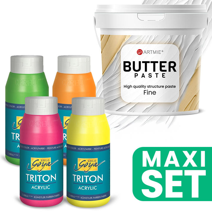 Set ARTMIE Butter 3D paste i TRITON akrilnih boja u fluorescentnim nijansama za kreativno slikanje.