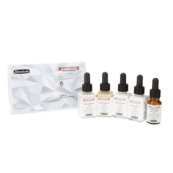 Set Aero Color White Schmincke koji sadrži četiri bočice od 28ml i jednu od 14ml za profesionalno slikanje.
