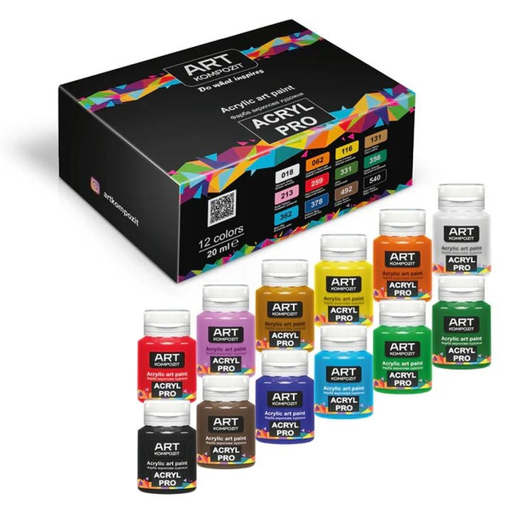 Set od 12 akrilnih boja ACRYL PRO Kompozit u tubama od 20 ml za umjetničko slikanje na platnu i papiru.