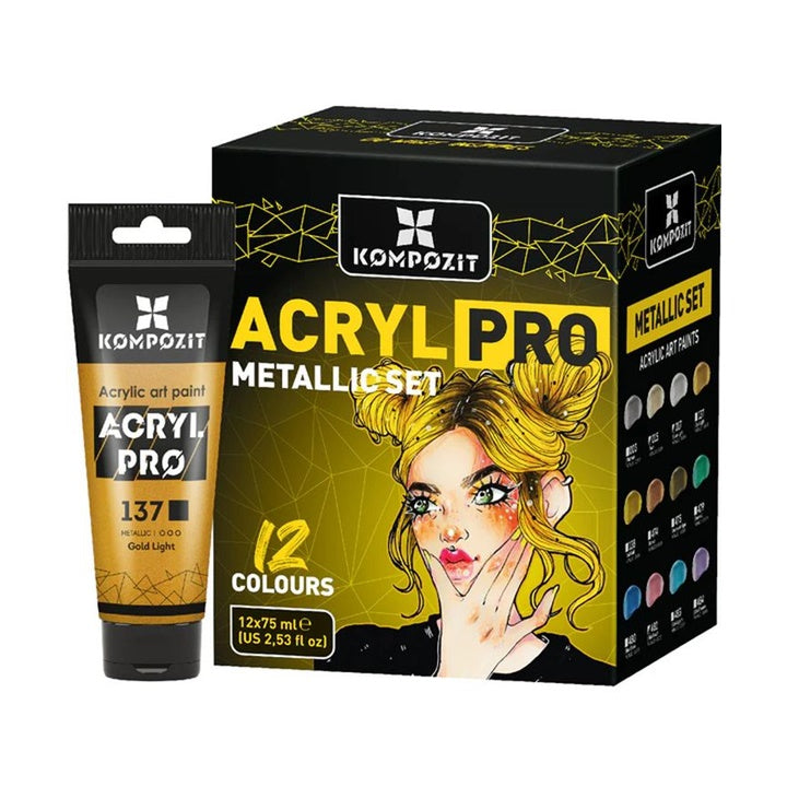 Set od 12 metalik akrilnih boja ACRYL PRO METALLIC u tubama od 75 ml.