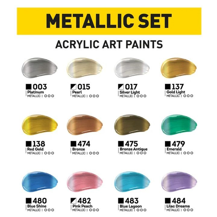 Pakovanje ACRYL PRO METALLIC akrilnih boja sa 12 različitih metalik nijansi.