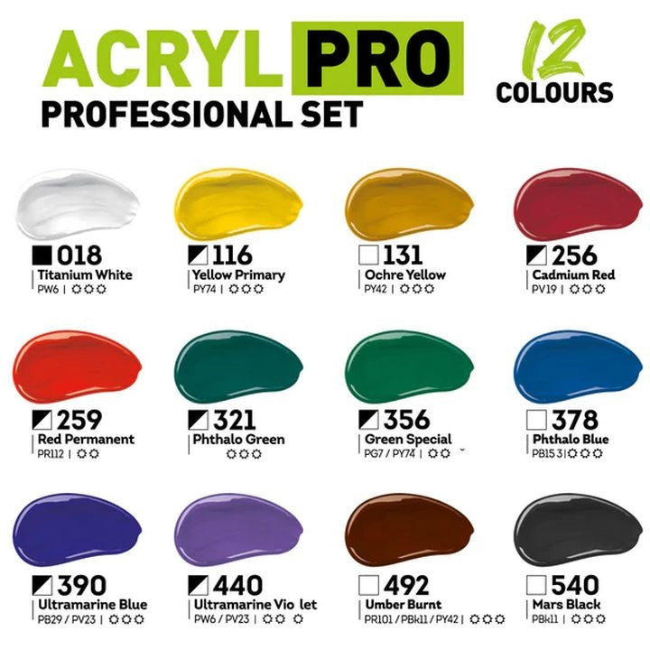 Pogled na 12 tuba ACRYL PRO PROFESSIONAL akrilnih boja različitih nijansi