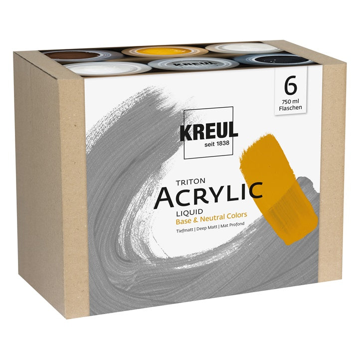 Set od šest KREUL Triton Base & Neutral Colors akrilnih boja u pakovanjima od 750 ml za umjetničko slikanje.