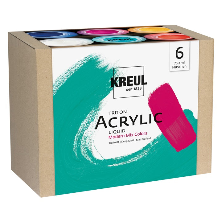 Set od šest KREUL Triton Modern Mix akrilnih boja u bocama od 750 ml na bijeloj pozadini.