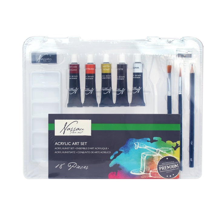 Set od 18 Nassau Fine Art akrilnih boja u tubama za slikanje na platnu i papiru.