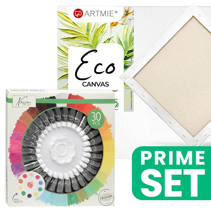 Set akrilnih boja Nassau i kvadratno Eco platno ARTMIE dimenzija 30x30 cm za slikanje.