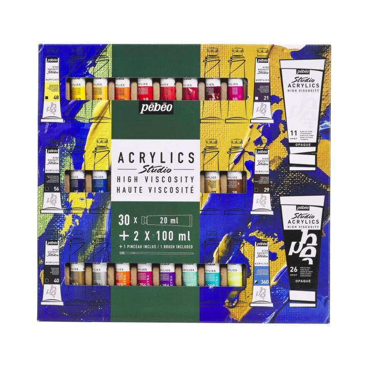 Set Pebeo Studio Acrylics sa 30 boja od 20 ml, 2 tube od 100 ml i kistom u kutiji