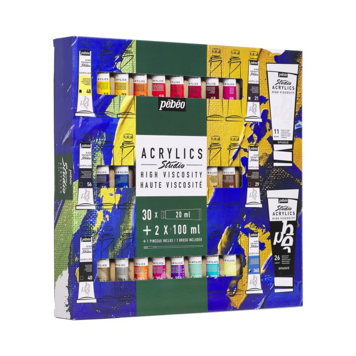 Sve komponente Pebeo Studio Acrylics seta: 32 tube akrilnih boja i jedan kist