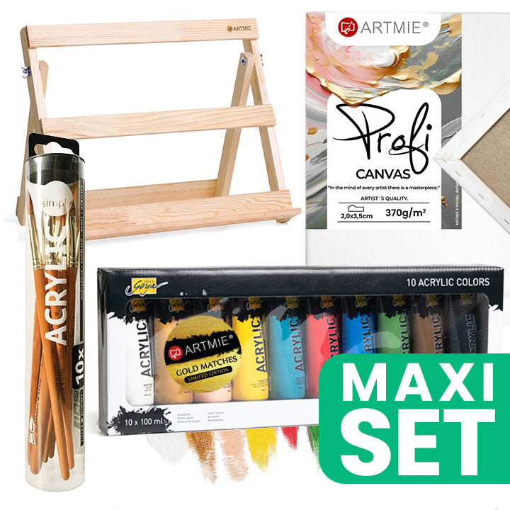Set akrilnih boja Solo Goya - ARTMIE Gold Matches sa platnima, kistovima i stalkom za slikanje.