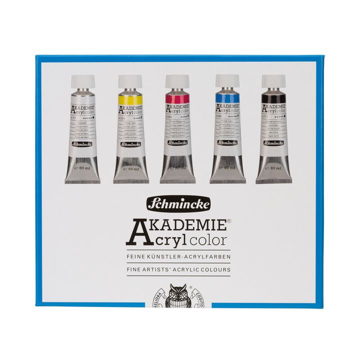 Detaljan prikaz pakovanja Schmincke AKADEMIE akrilnih boja, set od 5x60 ml za kreativno slikanje.