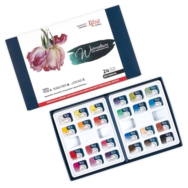 Otvorena kutija seta akvarel boja Botanical sa 24 nijanse, ROSA GALLERY.
