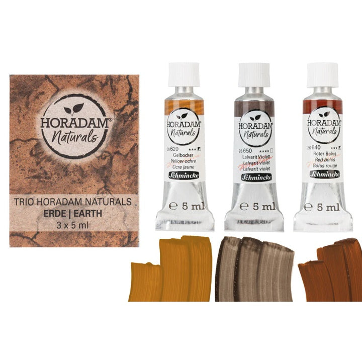 Tri tube HORADAM Naturals akvarel boja iz seta Trio Earth na bijeloj podlozi.