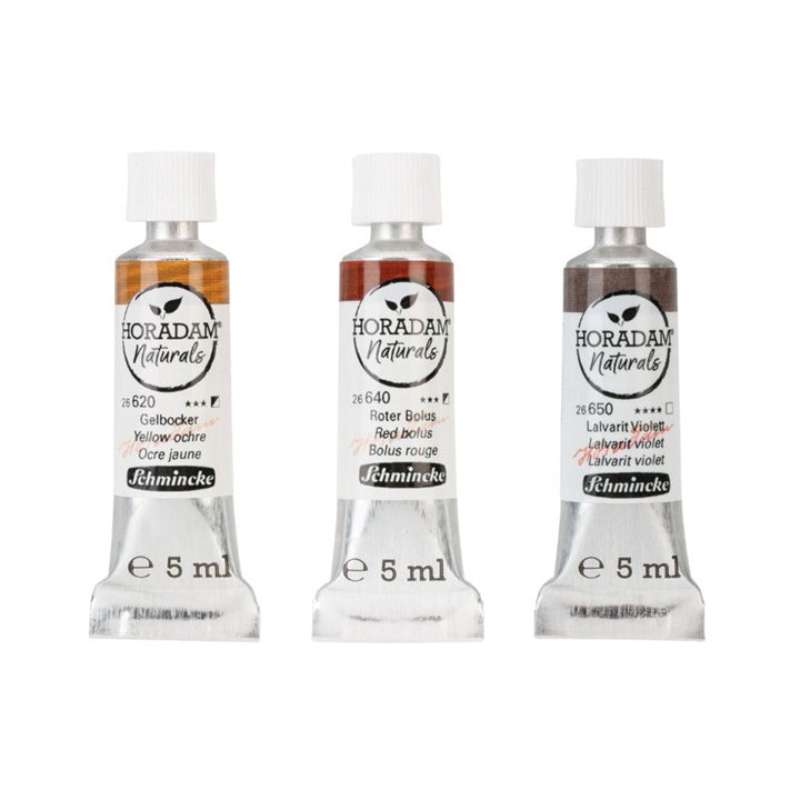 Otvorena kutija seta akvarel boja Trio Earth HORADAM Naturals sa tri tube od 5 ml.