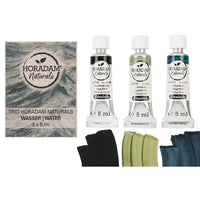 Detaljan prikaz pakovanja HORADAM Naturals akvarel boja sa tri tube od 5 ml.