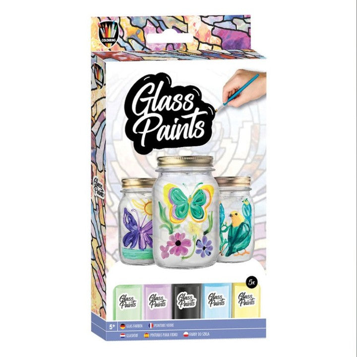Set od pet boja za staklo u bočicama od 20 ml sa priloženim kistom za kreativno oslikavanje.