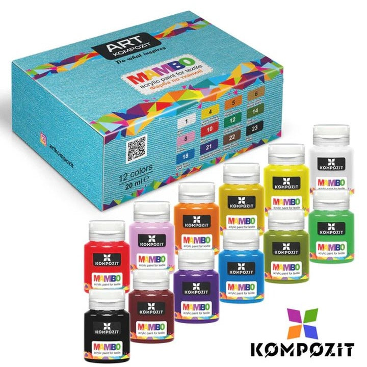 Set boja za tekstil i kožu MAMBO Kompozit sa 12 bočica od 20 ml u kutiji