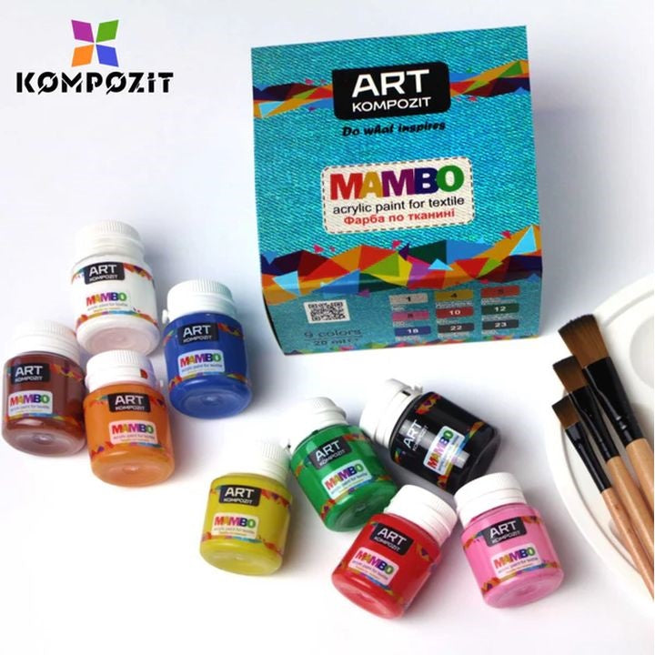 Prikaz devet bočica MAMBO Kompozit boja za tekstil i kožu od 20 ml